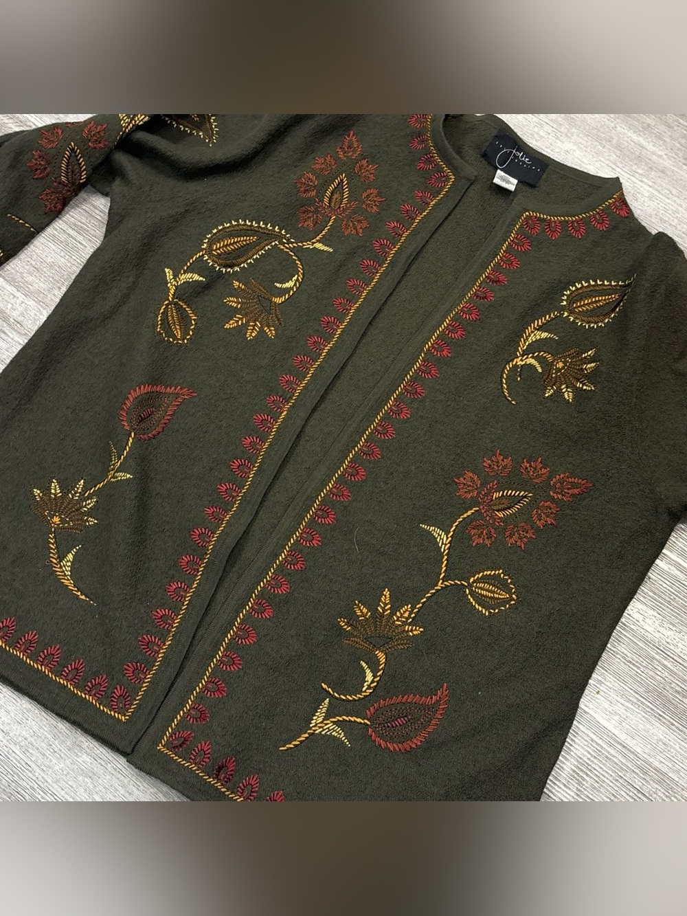 Vintage Olive Open-Front Sweater Cardigan w Embroidery wool